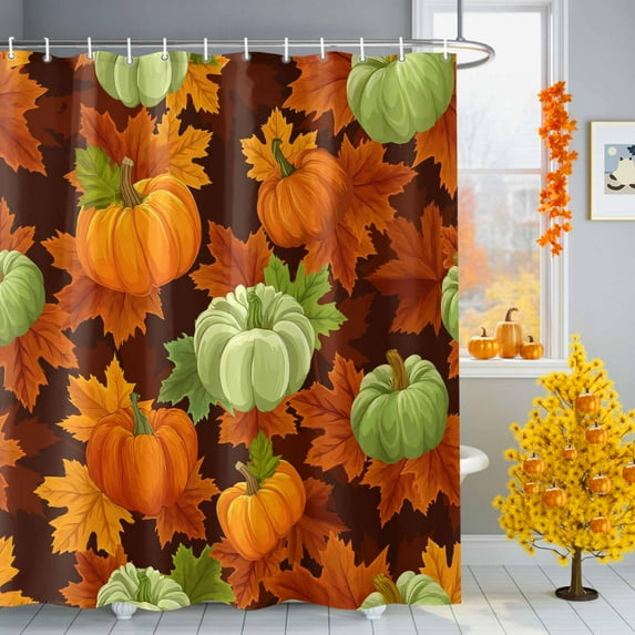 Thanksgiving Fall Shower Curtains for Bathroom, Orange Green Pumpkin Maple Leaves Waterproof Fabric Shower Curtain for Bathroom Bathtub Decoration, Machine Washable, 54x"78"