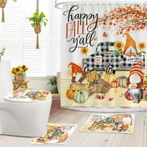 Thanksgiving Fall Shower Curtains for Bathroom Set, 4 PCS Gnome Fall Bathroom Decor, Plaid Fall Shower Curtain, Non-slip Rug, Toilet Lid Cover, Bathroom Rug, Black White Bath Curtains with Hook 72X72
