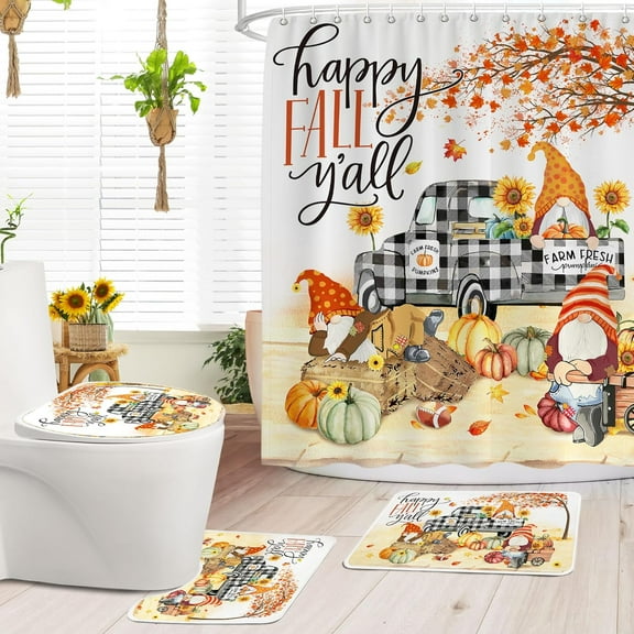 Thanksgiving Fall Shower Curtains for Bathroom Set, 4 PCS Gnome Fall Bathroom Decor, Plaid Fall Shower Curtain, Non-slip Rug, Toilet Lid Cover, Bathroom Rug, Black White Bath Curtains with Hook 72X72
