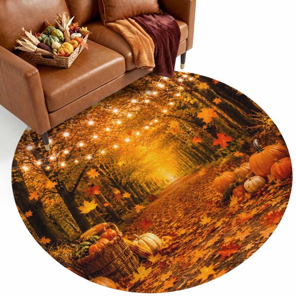 Thanksgiving Fall Small Round Rug 3Ft Rustic Orange Pumpkin String Light Maple Leaf Area Rugs Washable Non Slip Indoor Floor Mats Circle for Entryway Under‑Nightstand Bathroom, Balcony