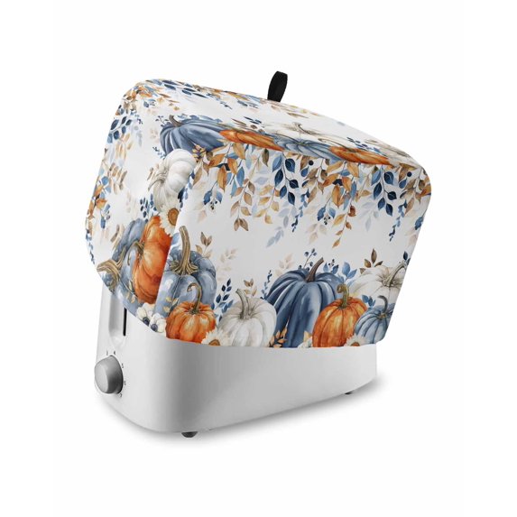 Thanksgiving Fall Small Toaster Cover 2 Slice, Kitchen Appliance Covers, Blue White Orange Pumpkin Leaves Toaster Oven Cover with Loop, Bread Machine Cover Polyester Dust Cover Protection