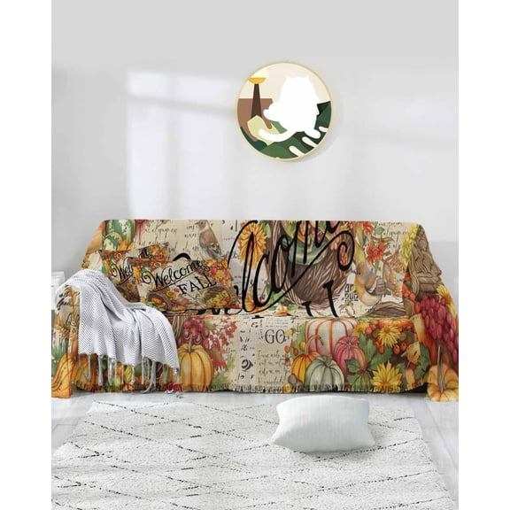 Thanksgiving Fall Sofa Covers for 3 Cushion Couch,Washable Sectional & L Shape Couch Covers for Dog/Cat/Kid,Retro Newspaper Pumpkin Birds Flowers Non Slip Sofa Slipcover Tassel Futon Cover 71x150