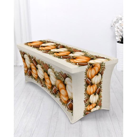 Thanksgiving Fall Spandex Tablecloth 4ft Orange White Pumpkin Football Linen Texture Elastic Fitted Cloth for Rectangle Table Washable Wrinkle Proof Stretch Table Cover for Autumn Party Banquet