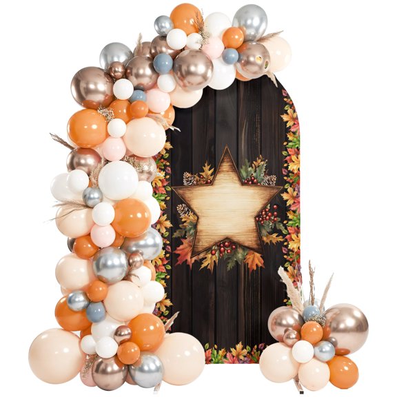 Thanksgiving Fall Star Maple Leaf Arch Backdrop Cover Spandex Fitted Arch Cover 6FT,Arches Backdrop Stand Covers for Wedding Birthday Party Ceremony Banquet Decoration Berry Pinecone on Brown Wood