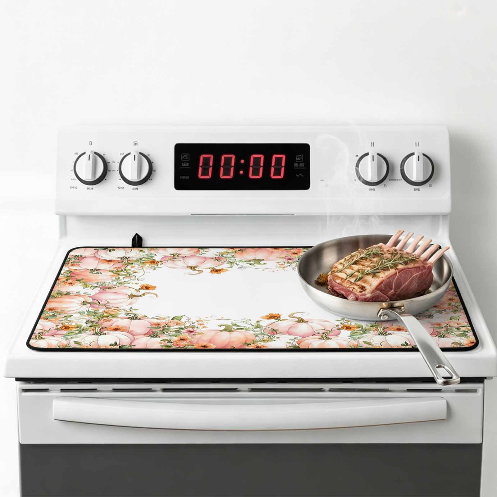 Thanksgiving Fall Stove Top Cover for Electric Stove, Heat-proof & Non Slip Glass Top Stove Cover Protector, Pink Orange Ombre Pumpkin Floral Botanical Kitchen Flat Cooktop Rubber Mat 24x21 Inches
