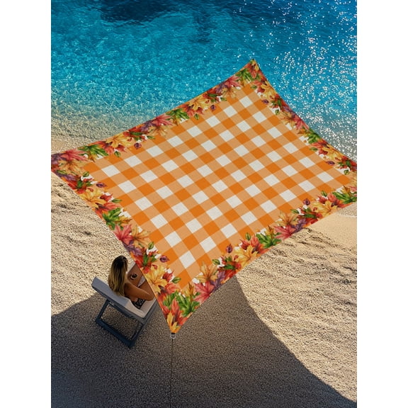 Thanksgiving Fall Sun Shade Sail 12' x 16', Botanical Border Green Maple Leaf Orange Plaid Rectangle Outdoor Sunshade Canopy, Waterproof UV Block Patio Covers for Garden Yard Beach
