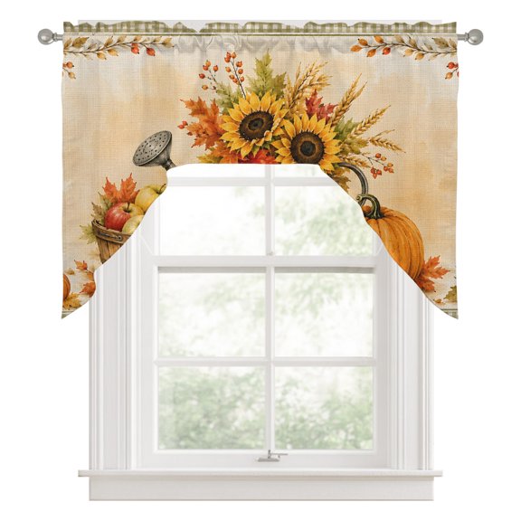 Thanksgiving Fall Swag Curtain Valance for Windows, Rustic Orange Pumpkin Maple Leaves Border Gingham Swag Curtains Drapes Rod Pocket for Kitchen Bathroom Small Window, 1 Panel 56x36in