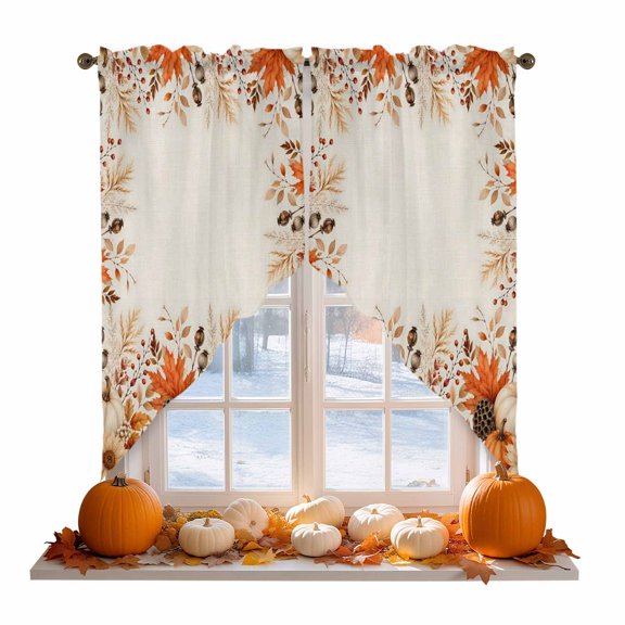 Thanksgiving Fall Swag Curtain Valances for Kitchen, Rustic Orange Pumpkin Border of Maple Leaves Rod Pocket Curtains Window Treatment Swag Valance for Bedroom Bathroom, 2 Panels 28 x 36 Inch