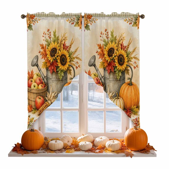 Thanksgiving Fall Swag Curtain Valances for Kitchen, Rustic Orange Pumpkin Maple Leaves Border Gingham Rod Pocket Curtains Window Treatment Swag Valance for Bedroom Bathroom, 2 Panels 28 x 36 Inch