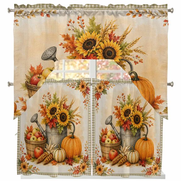 Thanksgiving Fall Swag and Tier Curtains Set, Rustic Orange Pumpkin Maple Leaves Border Gingham Kitchen Valances with Tier Curtains 36 in Long, Light Filtering Curtains for Sink Laundry Bathroom