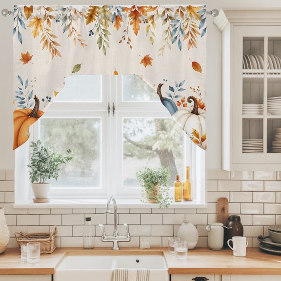 Thanksgiving Fall Swag Valance for Windows, Color Pumpkin Maple Leaf Country Linen Texture Swag Curtains Valances for Small Window Treatment Rod Pocket for Kitchen Bathroom 1 Panel 56x36in