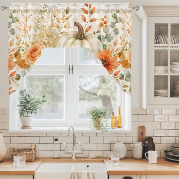 Thanksgiving Fall Swag Valance for Windows, Rustic Beige Pumpkin Flower Gingham Background Swag Curtains Valances for Small Window Treatment Rod Pocket for Kitchen Bathroom 1 Panel 56x36in