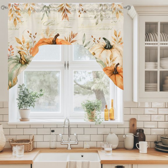 Thanksgiving Fall Swag Valance for Windows, Rustic Farmhouse Orange Pumpkin Leaf Paper Texture Swag Curtains Valances for Small Window Treatment Rod Pocket for Kitchen Bathroom 1 Panel 56x36in