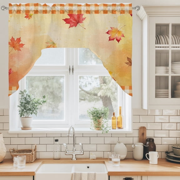 Thanksgiving Fall Swag Valance for Windows, Rustic Maple Leaf Farmhouse Orange Ombre Plaid Swag Curtains Valances for Small Window Treatment Rod Pocket for Kitchen Bathroom 1 Panel 56x36in