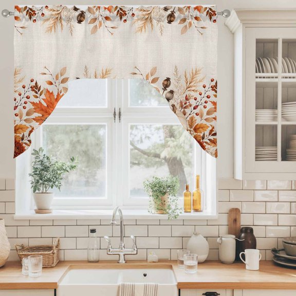 Thanksgiving Fall Swag Valance for Windows, Rustic Orange Pumpkin Border of Maple Leaves Swag Curtains Valances for Small Window Treatment Rod Pocket for Kitchen Bathroom 1 Panel 56x36in