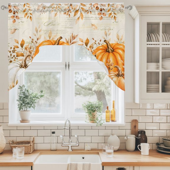 Thanksgiving Fall Swag Valance for Windows, Rustic Orange Pumpkin Golden Leaves Paper Texture Swag Curtains Valances for Small Window Treatment Rod Pocket for Kitchen Bathroom 1 Panel 56x36in