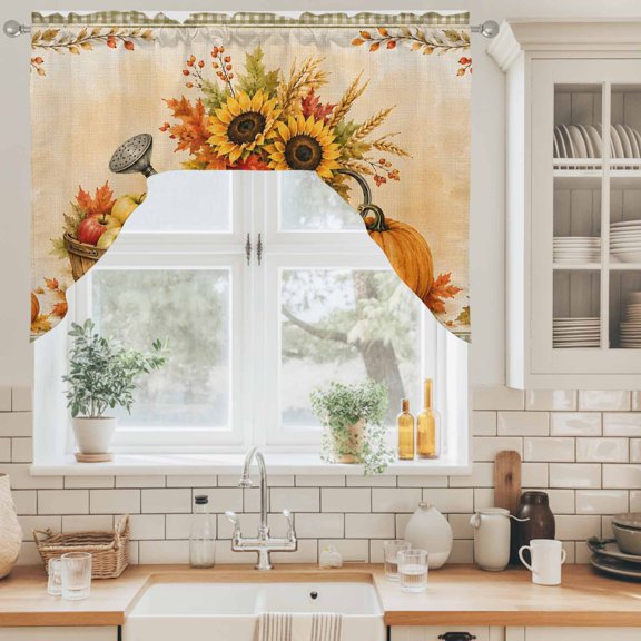 Thanksgiving Fall Swag Valance for Windows, Rustic Orange Pumpkin Maple Leaves Border Gingham Swag Curtains Valances for Small Window Treatment Rod Pocket for Kitchen Bathroom 1 Panel 56x36in