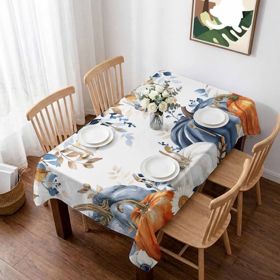 Thanksgiving Fall Table Cloth Waterproof Tablecloths, Blue White Orange Pumpkin Leaves Tablecloth Dining Table Cover for Kitchen Party Tabletop Outdoor, Rectangle Tablecloth 52x70 Inch