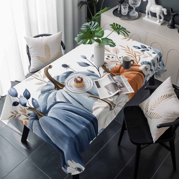 Thanksgiving Fall Table Cloth Waterproof Tablecloths, Blue White Pumpkin Eucalyptus Autumn Tablecloth Dining Table Cover for Kitchen Party Tabletop Outdoor, Rectangle Tablecloth 54x108 Inch