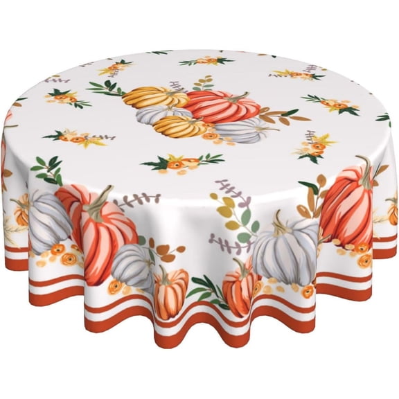 Thanksgiving Fall Table Cloth White Yellow Orange Pumpkins Round Tablecloth 60 inch Autumn Floral Leaves Vintage Washable Table Cover For Holiday Kitchen Dinning Picnic Outdoor Indoor Decoration