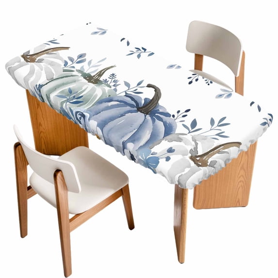 Thanksgiving Fall Table Cloths for 3 Foot Rectangle Tables, Autumn Blue White Pumpkin Leaves Patio Waterproof Elastic Fitted Tablecloths, Washable Rectangular Table Cover for Camping