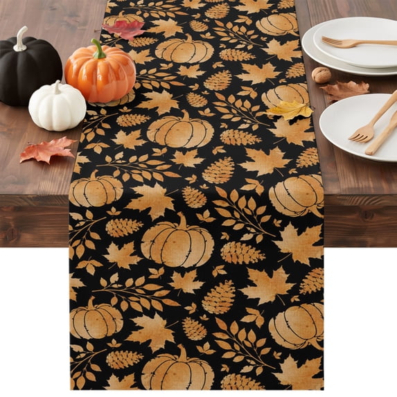 Thanksgiving Fall Table Runner - 108 Inch Long Retro Pumpkin Cones Maple Leaf Black Cotton and Linen Blended Dress Scarves Farmhouse Table Runner for Kitchen Dining, Coffee Table, 13" x 108"