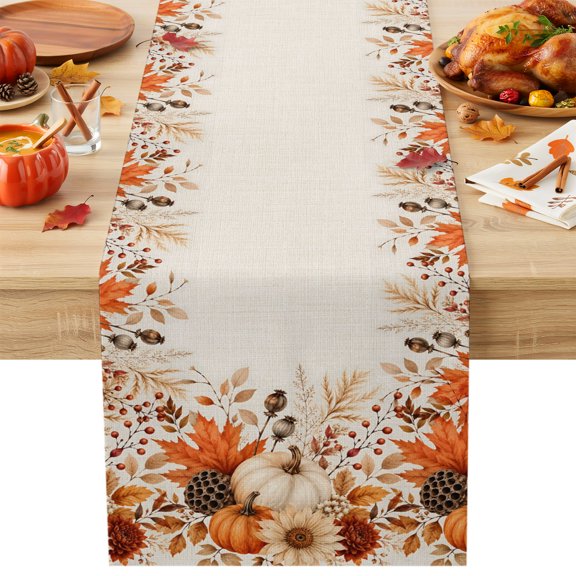 Thanksgiving Fall Table Runner 13x108 Inch Rustic Orange Pumpkin Border of Maple Leaves Table Runner Non-Slip Dresser Scarves for Holiday Decorations, Autumn Party, Dinner and Gatherings, 1 Pack