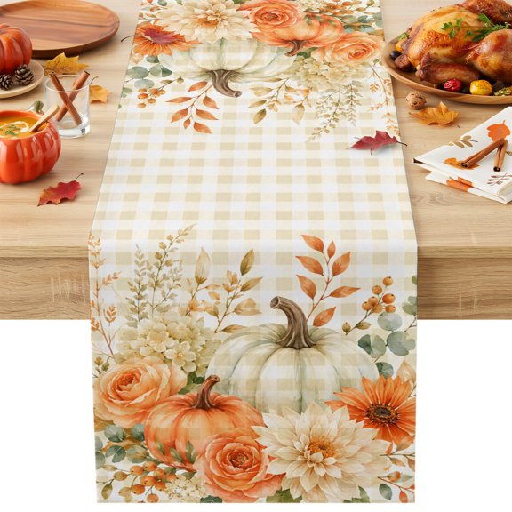 Thanksgiving Fall Table Runner 13x36 Inch Rustic Beige Pumpkin Flower Gingham Background Cotton Linen Dining Table Runner Ideal for Dresser Kitchen Coffee Tables - Machine Washable