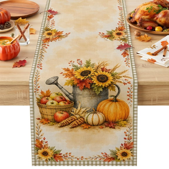 Thanksgiving Fall Table Runner 13x36 Inch Rustic Orange Pumpkin Maple Leaves Border Gingham Table Runner Non-Slip Dresser Scarves for Holiday Decorations, Autumn Party, Dinner and Gatherings, 1 Pack