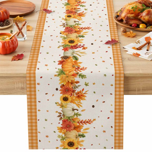Thanksgiving Fall Table Runner 13x36 Inch Rustic Orange Pumpkin Sunflower Gingham Border Cotton Linen Dining Table Runner Ideal for Dresser Kitchen Coffee Tables - Machine Washable