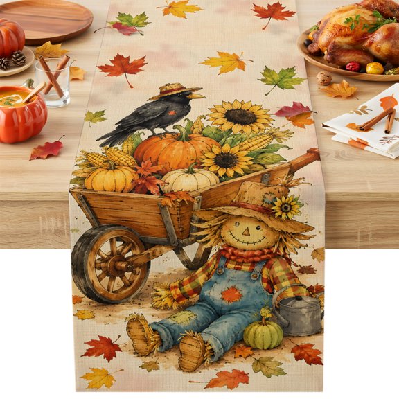 Thanksgiving Fall Table Runner 13x36 Inch Rustic Yellow Hay Man Crow Pumpkin Sunflower Cotton Linen Dining Table Runner Ideal for Dresser Kitchen Coffee Tables - Machine Washable