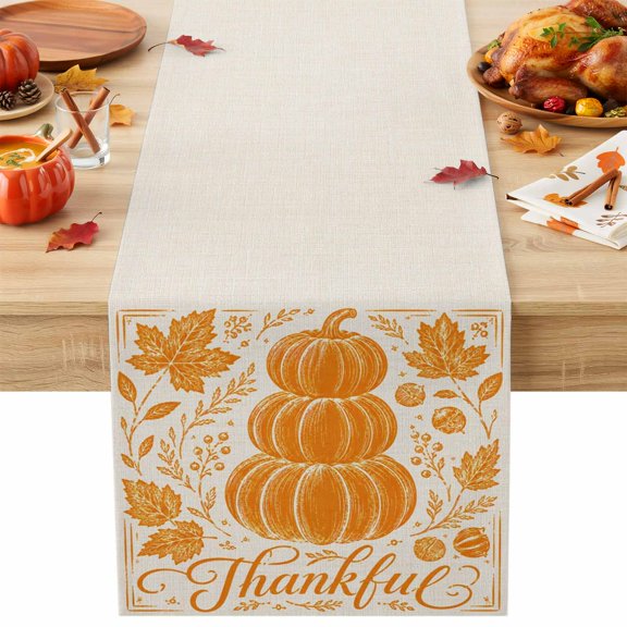 Thanksgiving Fall Table Runner 13x48 Inch Rustic Orange Pumpkin Maple Leaf Oak Twig Acorn Cotton Linen Dining Table Runner Ideal for Dresser Kitchen Coffee Tables - Machine Washable