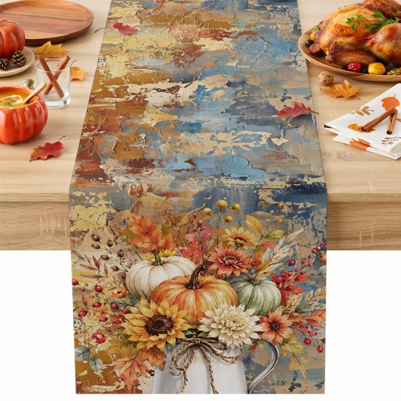 Thanksgiving Fall Table Runner 18x72 Inch Rustic Orange Pumpkin Pitcher Oil Painting Cotton Linen Dining Table Runner Ideal for Dresser Kitchen Coffee Tables - Machine Washable