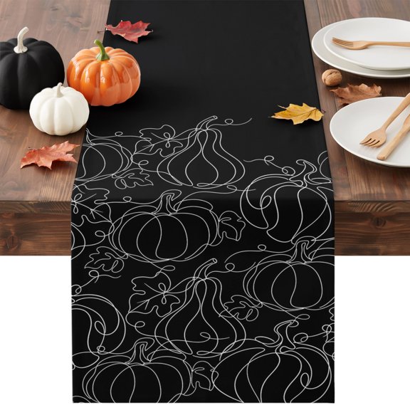 Thanksgiving Fall Table Runner - 36 Inch Long Autumn Pumpkin Leaves Lines Black Cotton and Linen Blended Dress Scarves Farmhouse Table Runner for Kitchen Dining, Coffee Table, 13" x 36"
