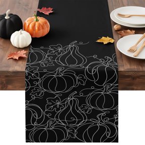 Thanksgiving Fall Table Runner - 36 Inch Long Autumn Pumpkin Leaves Lines Black Cotton and Linen Blended Dress Scarves Farmhouse Table Runner for Kitchen Dining, Coffee Table, 13" x 36"