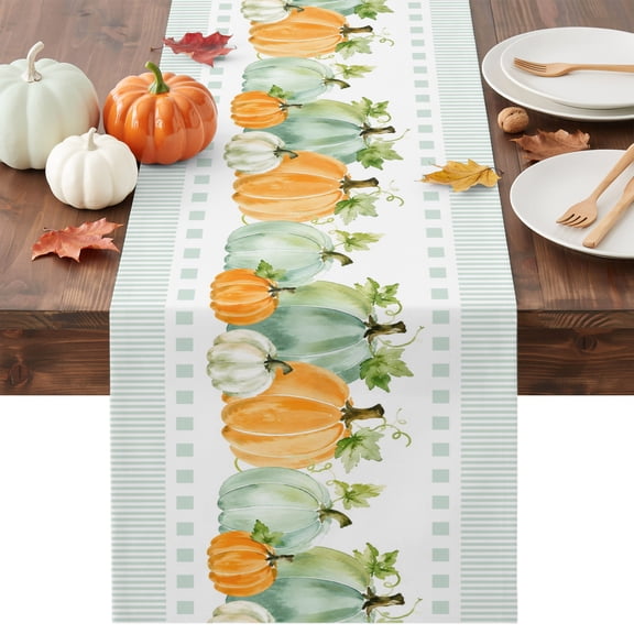 Thanksgiving Fall Table Runner - 36 Inch Long Orange Green Pumpkin Maple Leaves Lines Cotton and Linen Blended Dress Scarves Farmhouse Table Runner for Kitchen Dining, Coffee Table, 13" x 36"