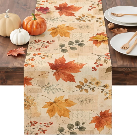 Thanksgiving Fall Table Runner - 36 Inch Long Watercolor Orange Maple Leaves Plants Cotton and Linen Blended Dress Scarves Farmhouse Table Runner for Kitchen Dining, Coffee Table, 13" x 36"