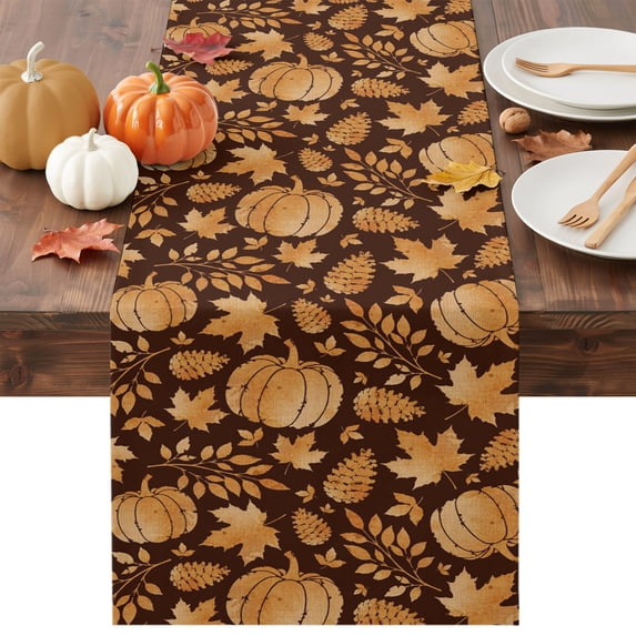 Thanksgiving Fall Table Runner - 60 Inch Long Brown Rustic Pumpkin Cones Maple Leaf Cotton and Linen Blended Dress Scarves Farmhouse Table Runner for Kitchen Dining, Coffee Table, 13" x 60"