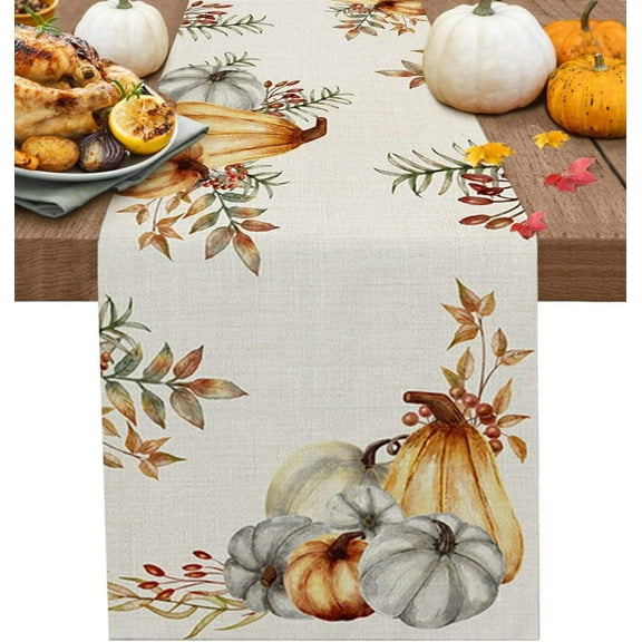 Thanksgiving Fall Table Runner 70 Inches Long, Pumpkins Autumn Maple Leaves Cotton Linen Kitchen Dinner Table Runners, Farmhouse Burlap Tablerunner for Thanksgiving/Dresser/Dining/Party/Wedding Decor