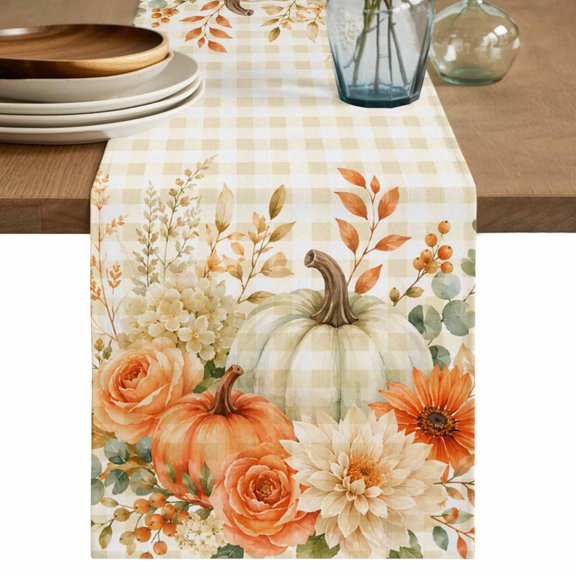 Thanksgiving Fall Table Runner, Rustic Beige Pumpkin Flower Gingham Background Cotton Linen Table Cloth, Tablerunner for Kitchen Dining Party Wedding Home Decor 13x36 Inch