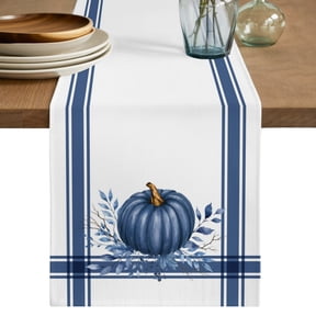 Thanksgiving Fall Table Runner, Rustic Blue Pumpkin Leaves Plaid Lines Cotton Linen Table Cloth, Tablerunner for Kitchen Dining Party Wedding Home Decor 13x36 Inch