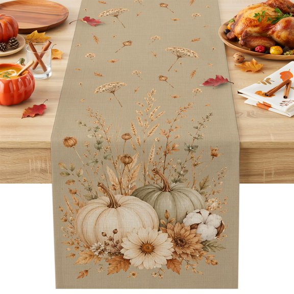 Thanksgiving Fall Table Runner, Rustic Farmhouse Beige Pumpkin Wheat Linen Texture Cotton Linen Kitchen Table Decoration Washable Dining Tabletop Runners for Home Party Decor 13x48 Inches