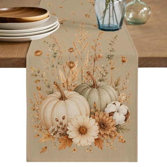 Thanksgiving Fall Table Runner, Rustic Farmhouse Beige Pumpkin Wheat Linen Texture Cotton Linen Table Cloth, Tablerunner for Kitchen Dining Party Wedding Home Decor 16x72 Inch
