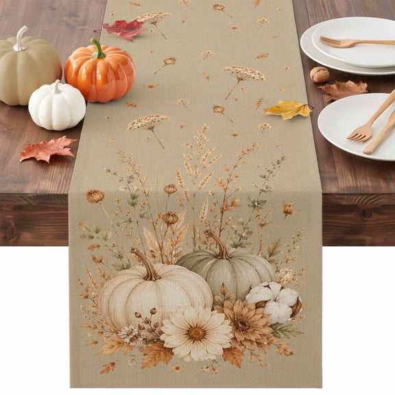 Thanksgiving Fall Table Runner, Rustic Farmhouse Beige Pumpkin Wheat Linen Texture Washable Cotton-linen Table Runners Dining Kitchen Decoration for Everyday Home Wedding Party Decor, 13 x 120 Inch