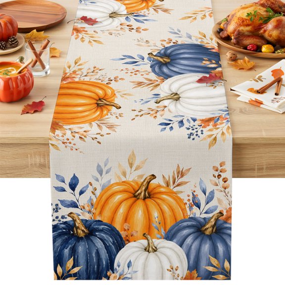 Thanksgiving Fall Table Runner, Rustic Farmhouse Orange Navy Pumpkin Linen Texture Cotton Linen Kitchen Table Decoration Washable Dining Tabletop Runners for Home Party Decor 13x72 Inches