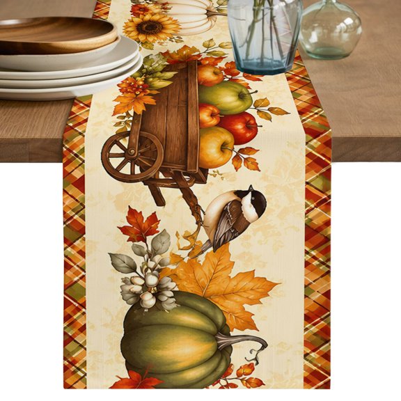 Thanksgiving Fall Table Runner, Rustic Farmhouse Pumpkin Brown Floral Bands Cotton Linen Table Cloth, Tablerunner for Kitchen Dining Party Wedding Home Decor 13x36 Inch
