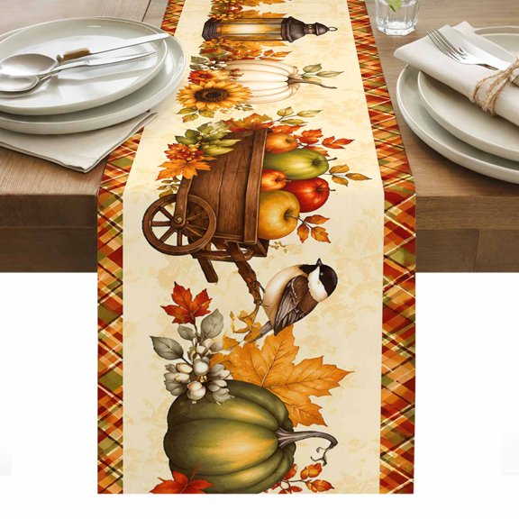 Thanksgiving Fall Table Runner, Rustic Farmhouse Pumpkin Brown Floral Bands Washable Kitchen Table Runners Dress Scarves for Dining Table Decorations Party/Restaurant/Indoor Outdoor Use, 13x36in