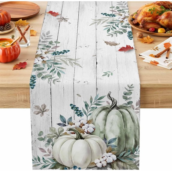 Thanksgiving Fall Table Runner, Rustic Green White Pumpkin Cotton Wood ...