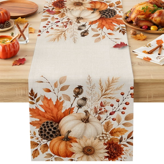 Thanksgiving Fall Table Runner, Rustic Harvest Beige Orange Pumpkin Sunflower Leaf Cotton Linen Kitchen Table Decoration Washable Dining Tabletop Runners for Home Party Decor 13x36 Inches