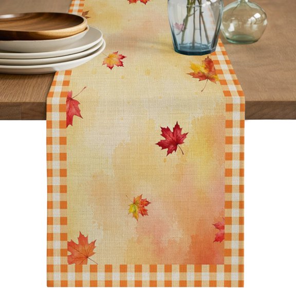 Thanksgiving Fall Table Runner, Rustic Maple Leaf Farmhouse Orange Ombre Plaid Cotton Linen Table Cloth, Tablerunner for Kitchen Dining Party Wedding Home Decor 13x36 Inch